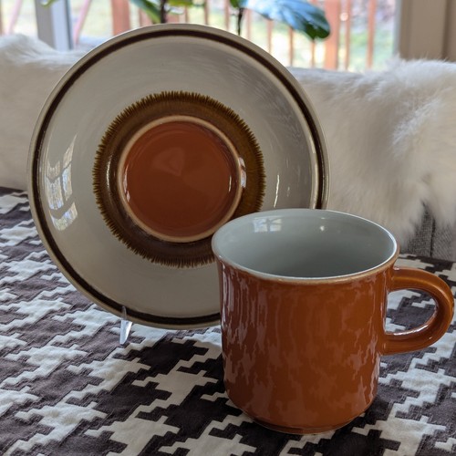 VTG Japanese Stoneware Cup & Saucer Set x6 Creamer & Sugar Retro Orange & Brown - Picture 4 of 11
