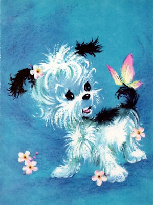 Cute Vintage GET WELL SOON Card + Envelope, Dog Puppy Play Butterfly Flowers