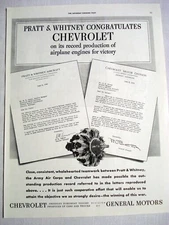 1942 WWII Ad Pratt & Whiney Congratulates Chevrolet On Its Airplane Engines