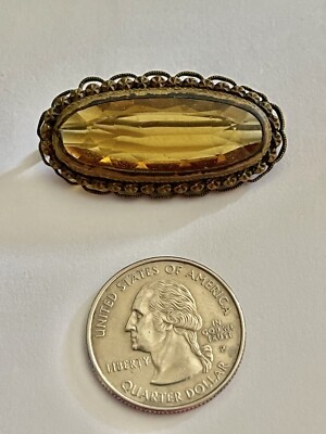 Antique Oblong Yellow Czech Art Glass Brooch Goldtone Loop Edge Setting
