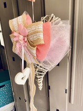 Fiocco nascita Cuore Rattan Nastro Iuta Legno Bianco Tulle Personalizzabile