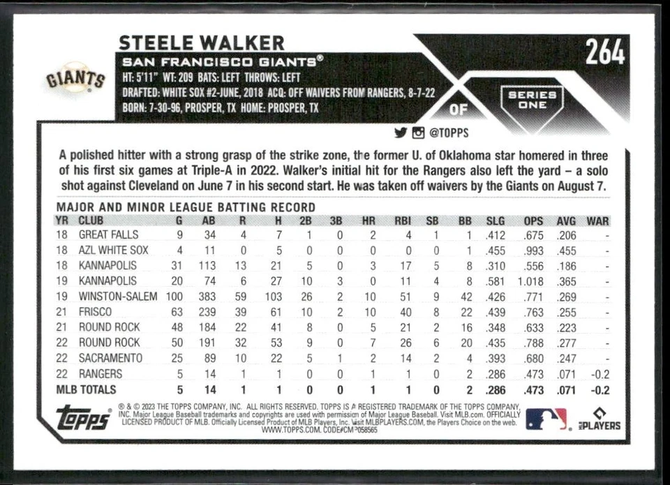 2023 TOPPS STEELE WALKER RC SAN FRANCISCO GIANTS #264 - Image 2 of 2