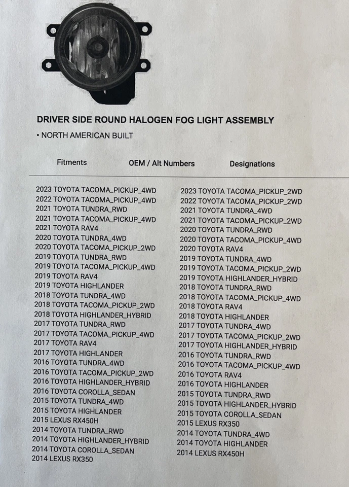 LUZ ANTINIEBLA LADO IZQUIERDO TOYOTA COROLLA RAV4 HIGHLANDER TACOMA TUNDRA NUEVO Foto 3 de 3