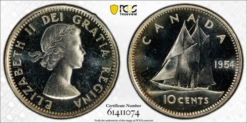 1954 Canada  Gem PL  10 Cents   PCGS PL 67