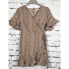 &MERCI Flirty & Feminine Faux-Wrap Pom Pom Dress Taupe Lined Short Medium