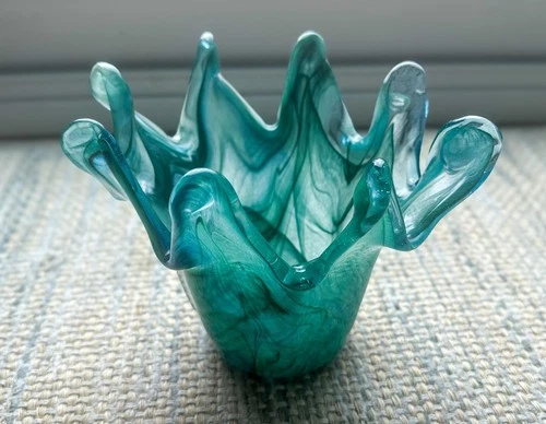 Vintage Murano Vase Bowl Italian Crystal Hand Blown Glass Italy Blue Green 6"