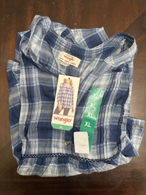 Wrangler Womens Blouse Brown Rust Plaid 3/4 Sleeve Lightweight Elastic Cuffs; XL