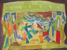 VTG Gouache Painting Andre Delfau Abstract Modernist Surreal Ballet Dancer Stage