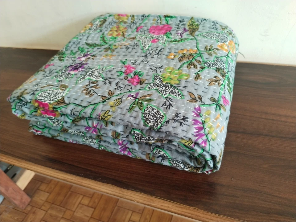 Индийский хлопок ручной работы серый рай напечатано Kantha постельное белье покрывало одеяло - Изображение 3 из 4