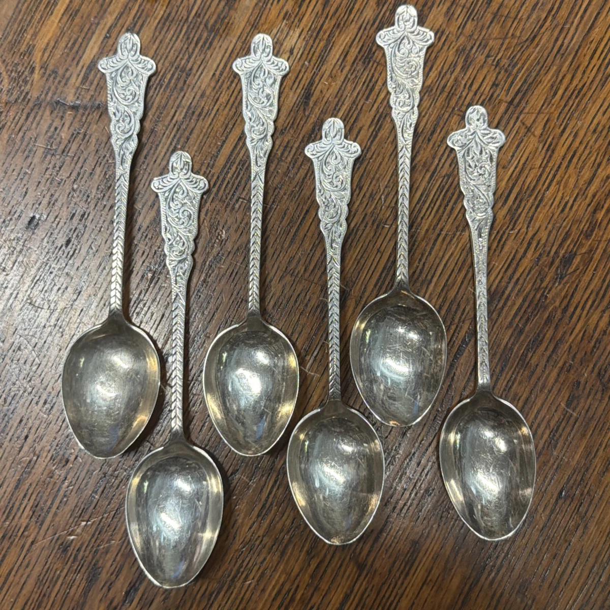 6 Sterling Silver Demitasse Spoons Birmingham 1910, A J Bailey., 115mm 66.7g
