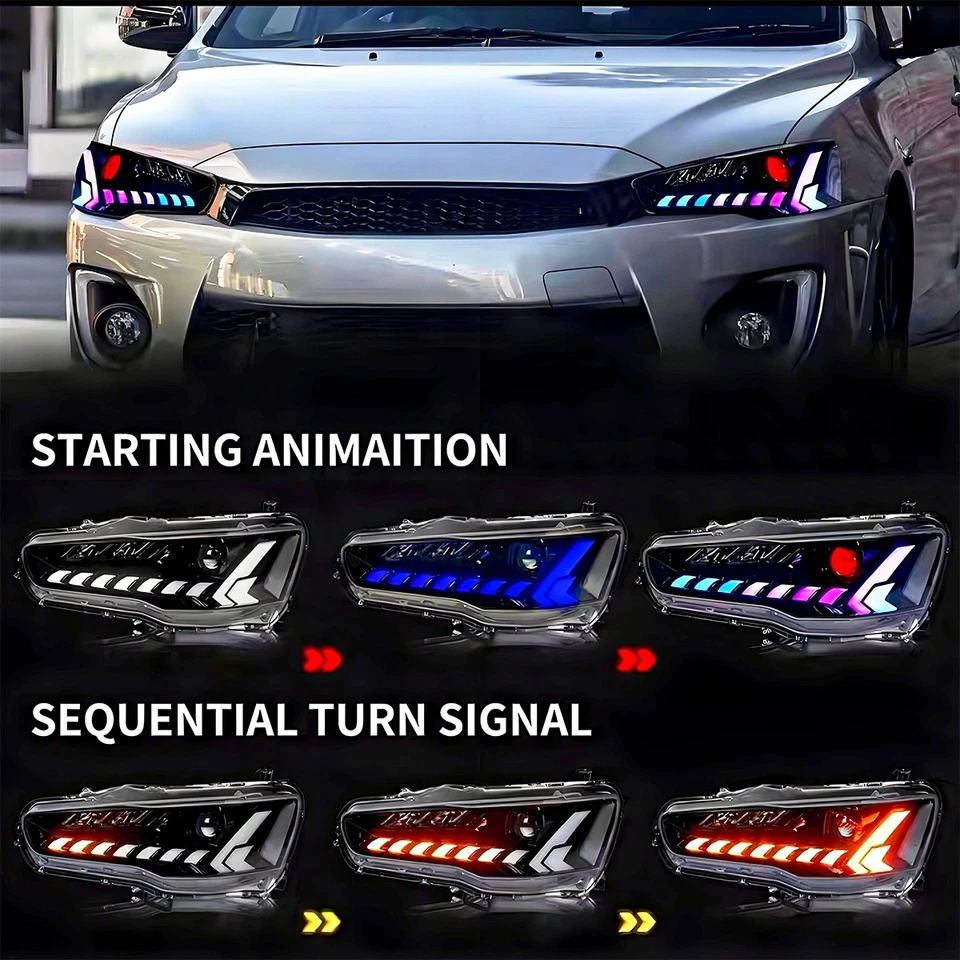 RGB LED Headlight For Mitsubishi Lancer EVO X 2008-2018 Head Front Lamps Pair - Image 3 of 4