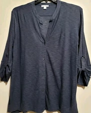 James Perse Standard Blouse Womens XL Blue Slub Cotton Knit Button Up Tab Sleeve