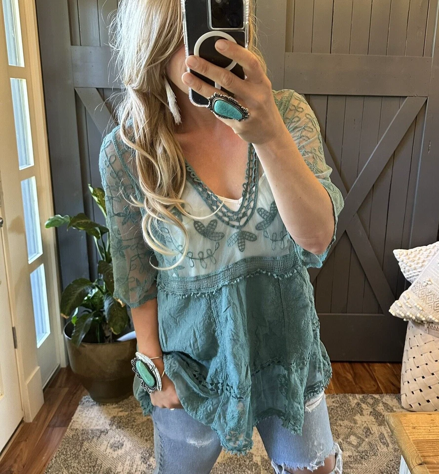 M Nova Blusa Túnica Folclórica Boho de Renda Azul-petróleo Feminina Decote V Profundo MÉDIO OS