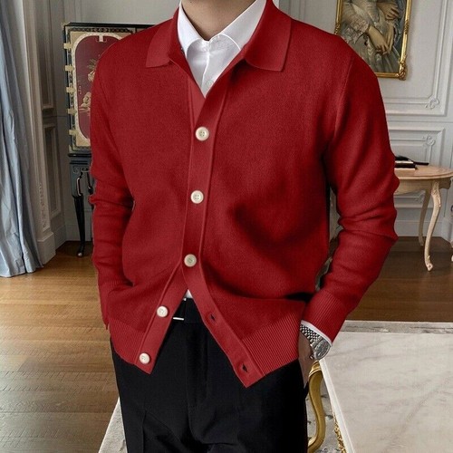 Cárdigan de punto informal para hombre con solapa abrigo botón manga larga suéter cárdigan chaquetas - Imagen 6 de 15