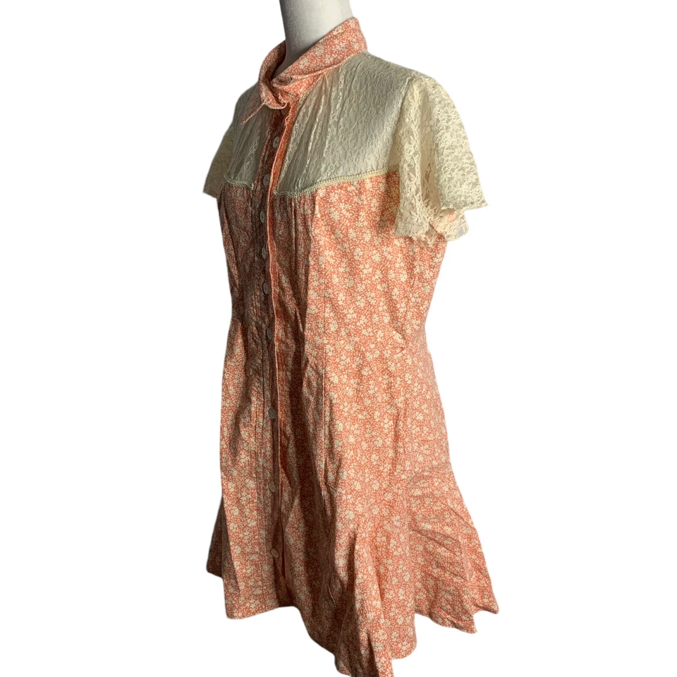 Vintage Lace Yoke Mini Shirt Dress Womens M Pink Floral Country Western - Image 3 of 4