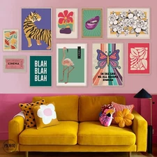Set of 10 eclectic gallery wall set digital download, Colorful retro maximalist
