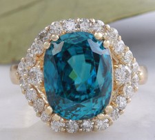 8.70 Carats NATURAL BLUE ZIRCON and DIAMOND 14K Solid Yellow Gold Ring