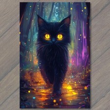 STICKER Black Cat Green Eyes Lying on Colorful Psychedelic Kitty Halloween