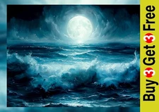 Moonlit Ocean Wave Painting Print 5"x7" on Matte Paper Coastal Decor