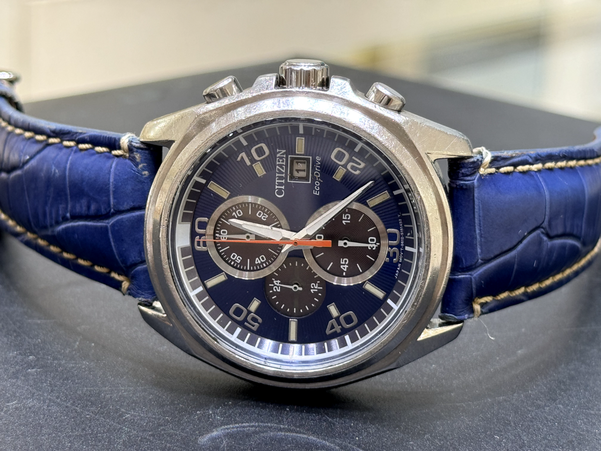 Citizen Eco Drive Watch Chronograph Quartz Blue Dial Mens 44.5mm