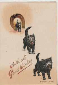 black cats walk away from gilt horseshoe GOOD LUCK, Tuck Christmas card