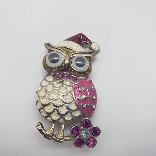 Betsey Johnson Bejeweled Pink Enamel Owl Brooch