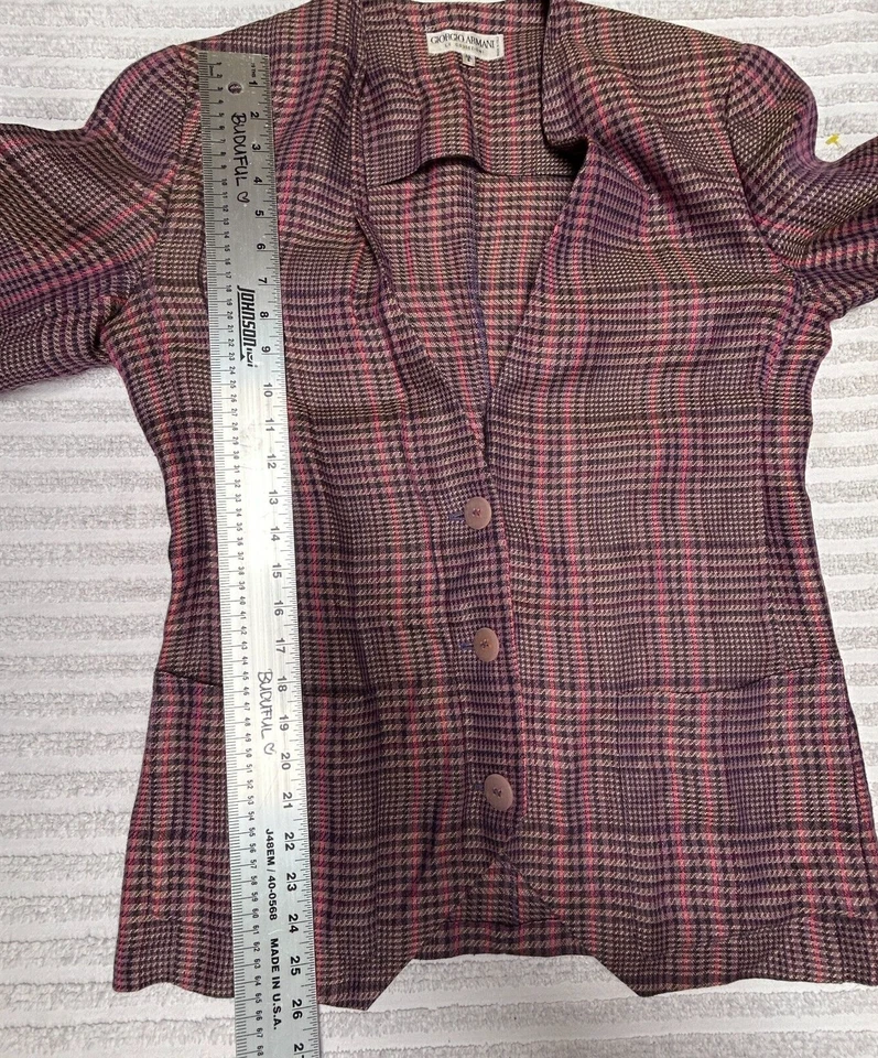 Giorgio Armani Womens Plaid Purple Pink Linen Career Blazer Jacket Size 8 Italy - Image 4 of 4