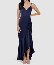 Xscape Women's Blue Satin Ruffled V-Neck Sleeveless Gown Dress Size 4