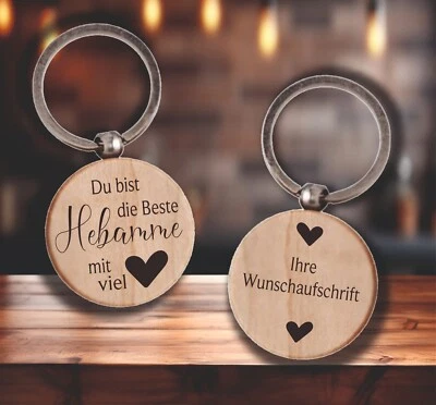 MARKENLOS ❤❤❤ Schlüsselanhänger Holz Gravur Geschenk Baby Hebamme Dankeschön graviert ❤❤❤