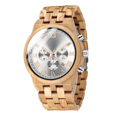 Men's Wooden Watch Calendar Dial Quartz Watch 3 Sub-Dials Multi-Function Watch
