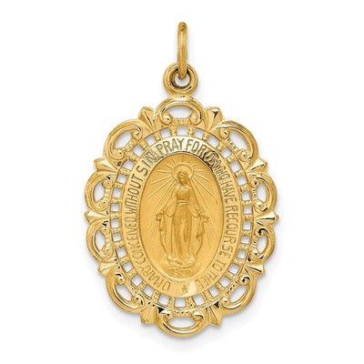 14K Gelbgold massiv/Satin durchbohrt oval Wunder Medaille Anhänger für Mama