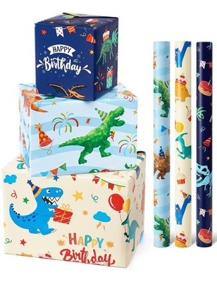 Dinosaur Wrapping Paper Rolls - 3 Rolls 17  x 120  Happy Birthday Wrapping Pa...