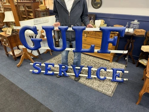 Rare Vintage Gulf Service Letters Porcelain Enamel Advertising Sign Original