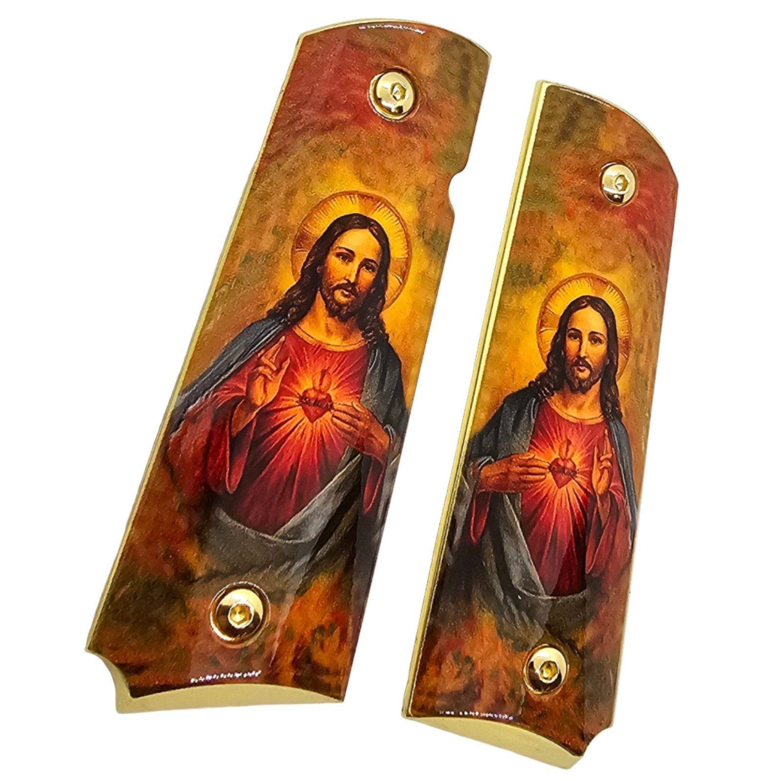 1911 Full Size Metal Grips Ambi Cut – Sacred Heart of Jesus Religious Gold Plate