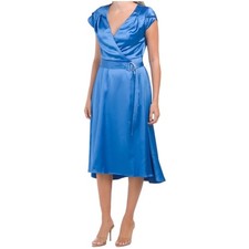 Tahari ASL NWT Satin Midi Wrap Dress, Cap Sleeves Royal Blue Women's Size 8