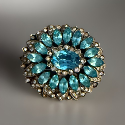 Eisenberg Exquisite Turquoise & Clear Swarovski Crystals Sterling Silver Brooch