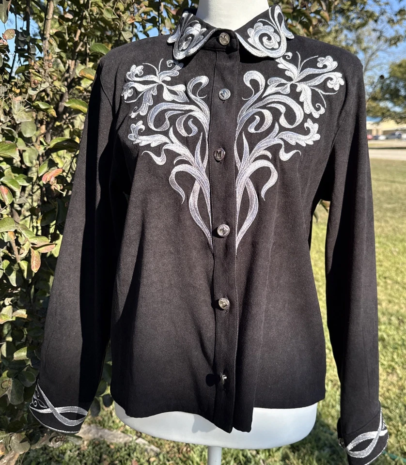 Blusa Camisa Vintage Bob Mackie Usable Arte Western Abotonada Bordada Talla S Foto 2 de 4