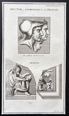 Antiker Hector Andromache Astyanax Gravur mythologische römische Götter 1724 Homer