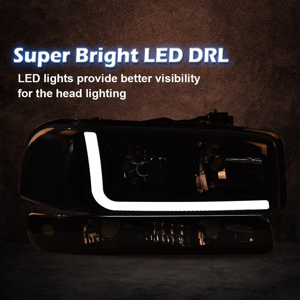 PAIR LED DRL HEADLIGHT+BUMPER LAMPS BLACK/CLEAR FITS 1999-2007 GMC SIERRA/YUKON Foto 4 de 4