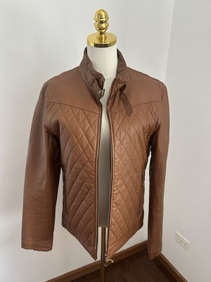 MALE & Co Slim Fit Pigskin Leather Quilted Cafe Racer Jacket Brown Mens M