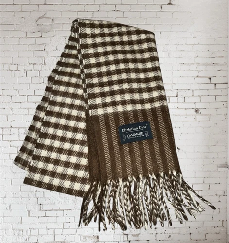 Foulard vintage Christian Dior cachemire fabriqué au Japon acrylique neutre plaid 11x49