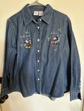 Disney Mickey Mouse Denim Glitter Button-Down Shirt Adult Large Blue