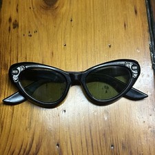 Rare 50s Vintage Cats Eye Sunglasses Acetate Green Glass Lens Made In USA Ornate