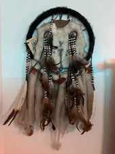 Vintage Native American Indian Dream Catcher Art Mandala Wool Fur Leather Beads
