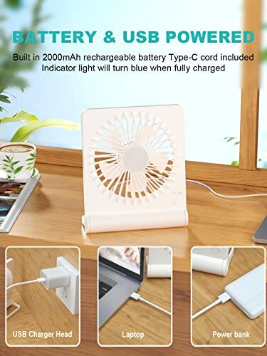 Small Desk Fan, 2000mAh Rechargeable USB Fan Battery Operated,Ultra White - Picture 5 of 5