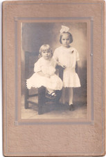 Cabinet Card Photo, Two Small Girls in White Dresses, Hair Bow, 6"x9"