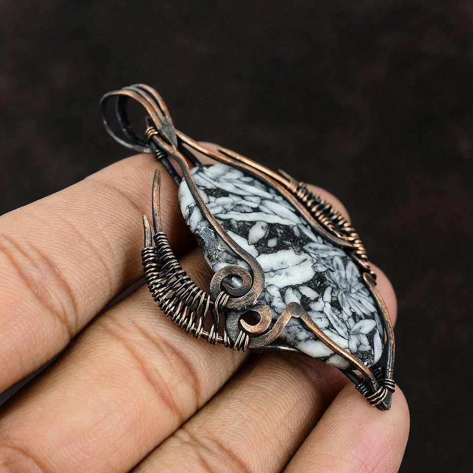Pinolith Jasper Gemstone Jewelry Copper Bestie Gift Wire Wrapped Pendant 2.91" - Image 4 of 4