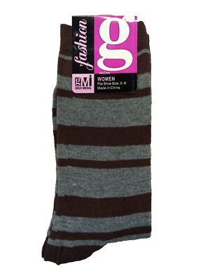 GOLD MEDAL FASHION WOMENS DESIGNER SOCKS GRANNY CORE MIDCalf GrayBrown Strips.