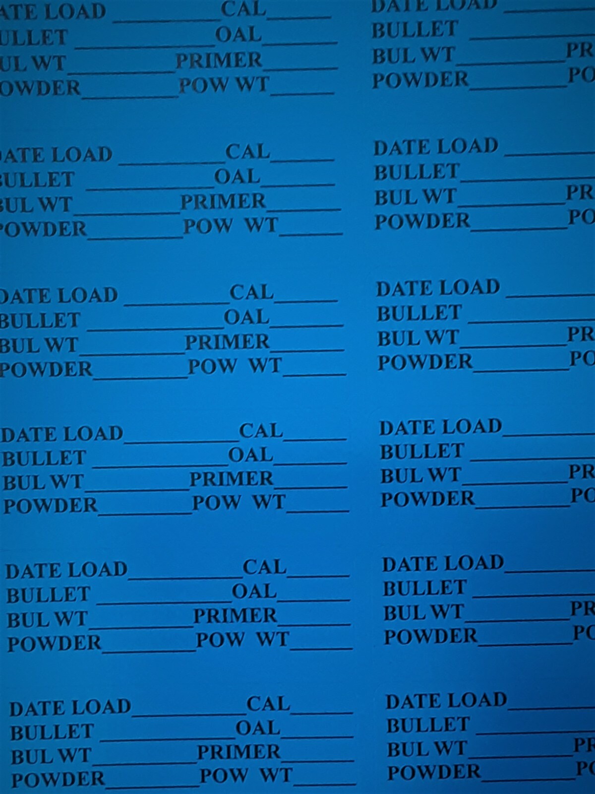 60 BLUE Reloading Data Labels for Pistol or Rifle Ammo 30 Labels/ page ...