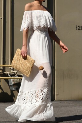 Bohemian White Off Shoulder Ruffle Crochet Lace Trim Boho Maxi Dress Wedding | eBay Bohemian White Off Shoulder Ruffle Crochet Lace Trim Boho Maxi Dress Wedding | eBay